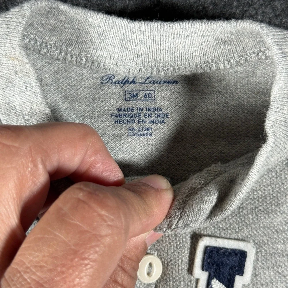 Ralph Lauren Baby Boys Gray Varsity Logo Henley Long Sleeve Coverall 3M 60